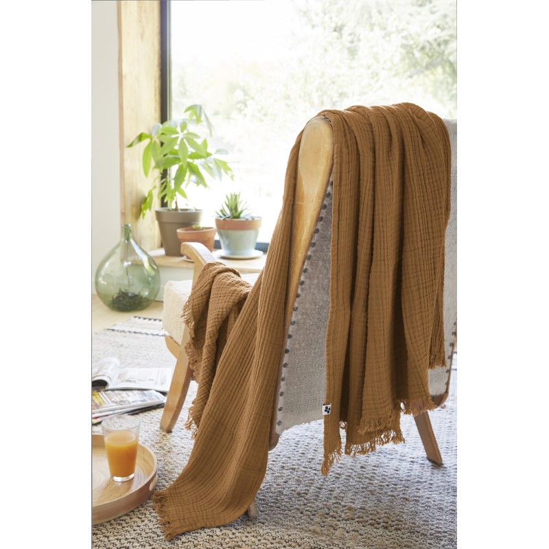 Plaid à franges GAIA en gaze de coton – Douceur et élégance pour votre intérieur