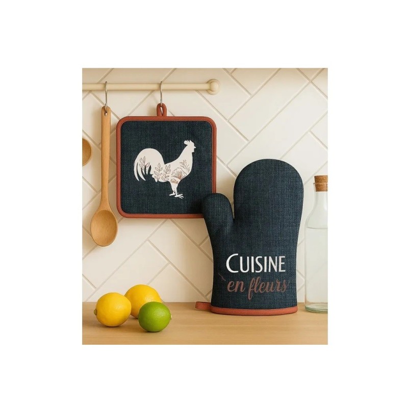 Gant et manique de cuisine 20 x 20 cm Coq et fleurs